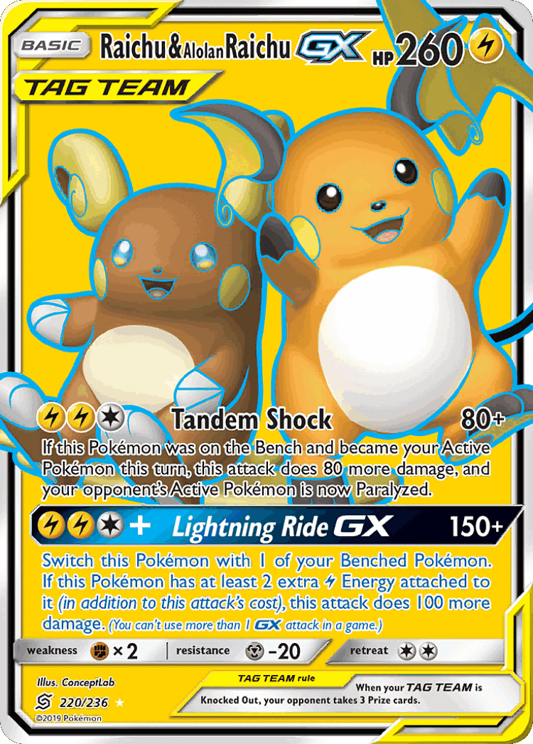Raichu & Alolan Raichu-GX #220 from Unified Minds - Rare Ultra - Illustrated by ConceptLab