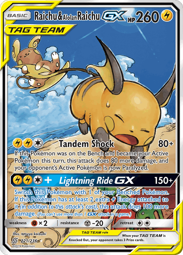 Raichu & Alolan Raichu-GX #221 from Unified Minds - Rare Ultra - Illustrated by tetsuya koizumi
