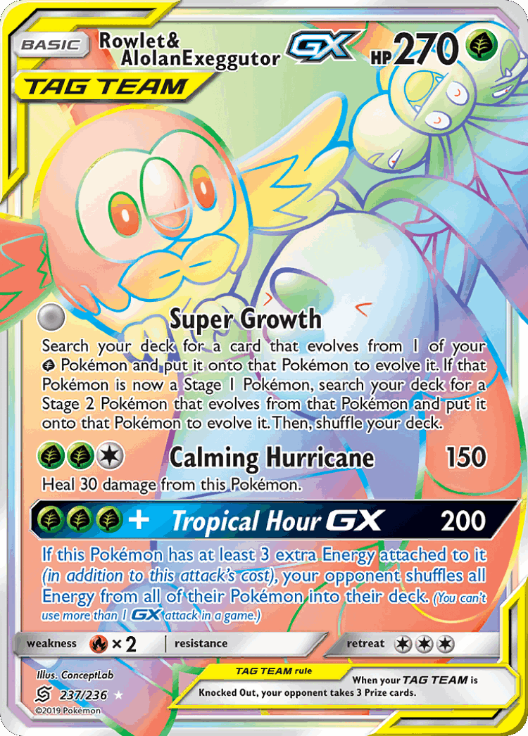 Rowlet & Alolan Exeggutor-GX #237 from Unified Minds - Rare Rainbow - Illustrated by ConceptLab