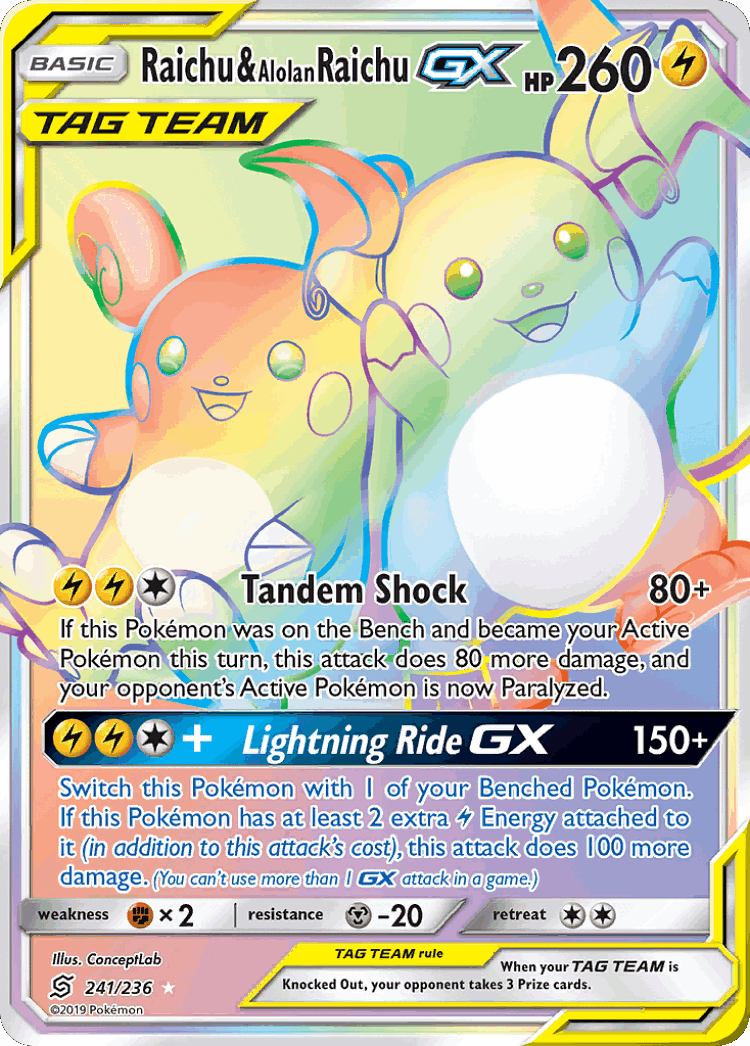 Raichu & Alolan Raichu-GX #241 from Unified Minds - Rare Rainbow - Illustrated by ConceptLab