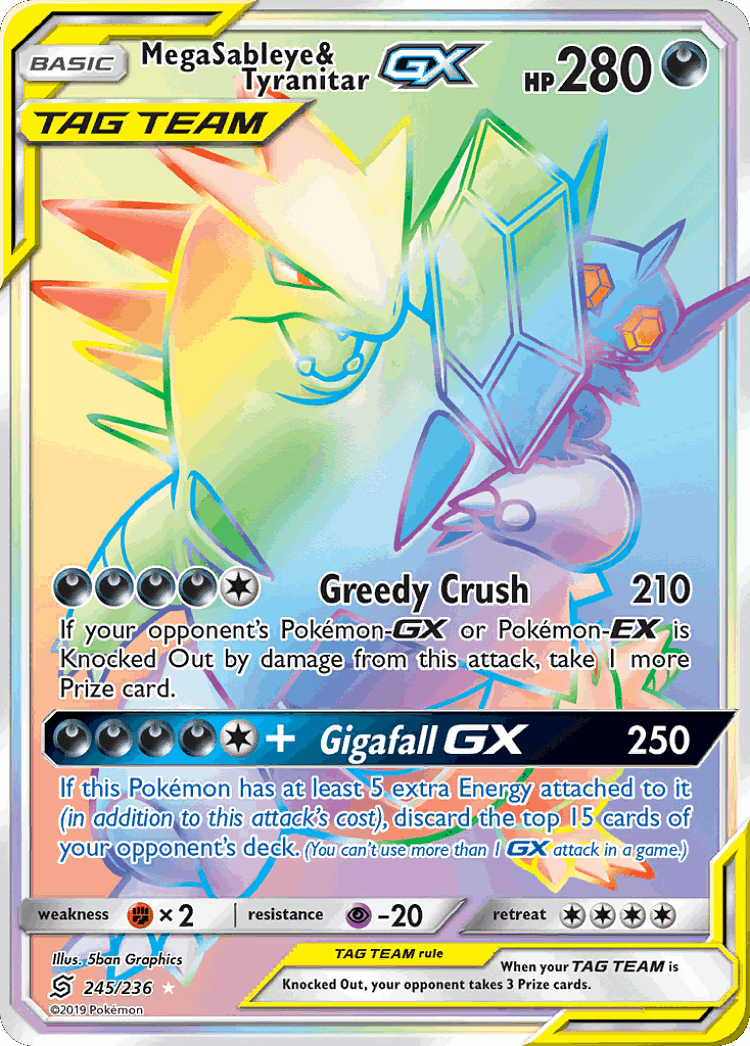 Mega Sableye & Tyranitar-GX #245 from Unified Minds - Rare Rainbow - Illustrated by 5ban Graphics