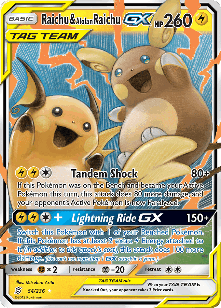 Raichu & Alolan Raichu-GX #54 from Unified Minds - Rare Holo GX - Illustrated by Mitsuhiro Arita