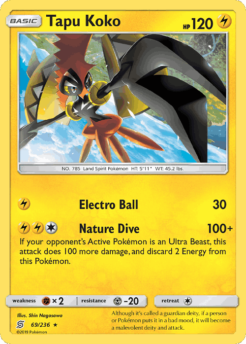 Tapu Koko #69 from Unified Minds - Rare Holo - Illustrated by Shin Nagasawa