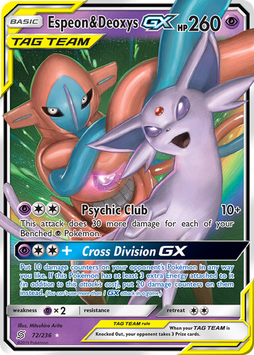 Espeon & Deoxys-GX #72 from Unified Minds - Rare Holo GX - Illustrated by Mitsuhiro Arita
