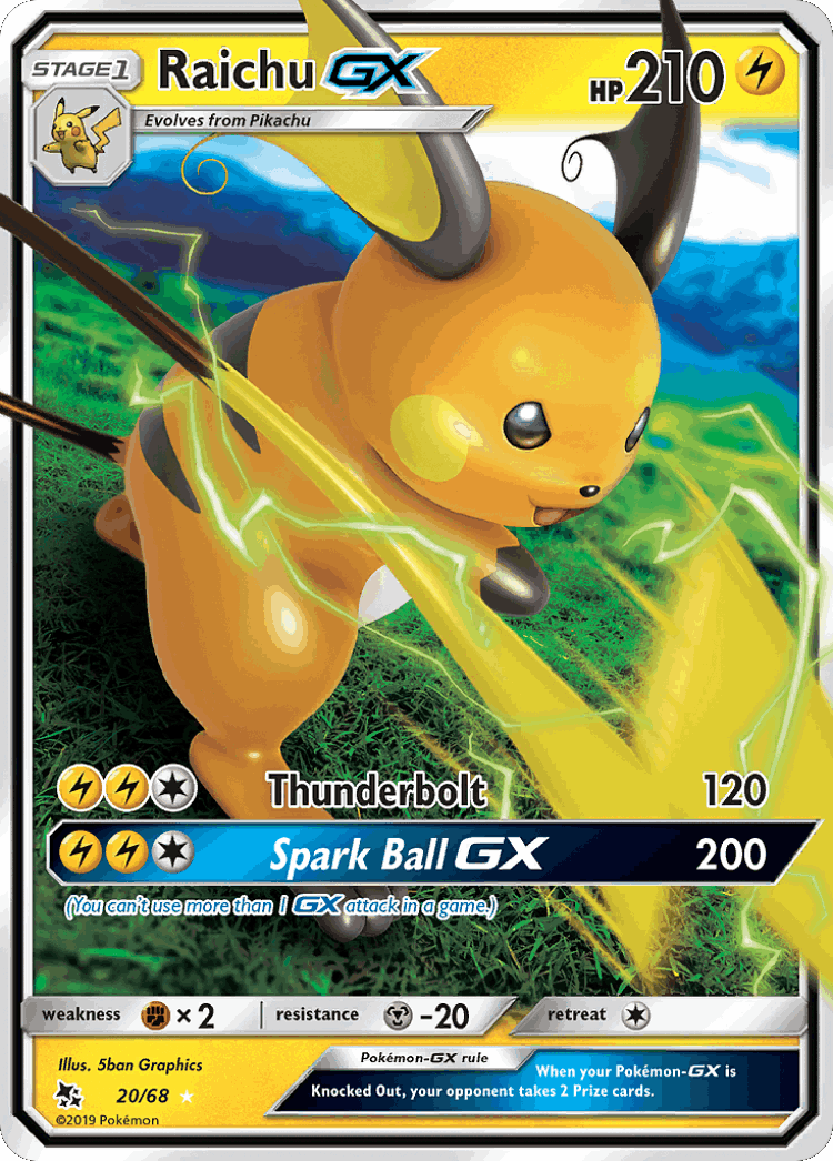 Raichu-GX #20 from Hidden Fates - Rare Holo GX - Illustrated by 5ban Graphics