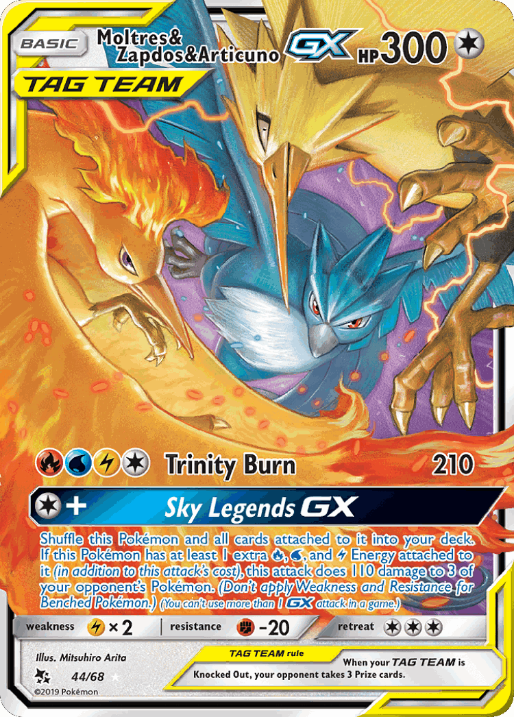 Moltres & Zapdos & Articuno-GX #44 from Hidden Fates - Rare Holo GX - Illustrated by Mitsuhiro Arita