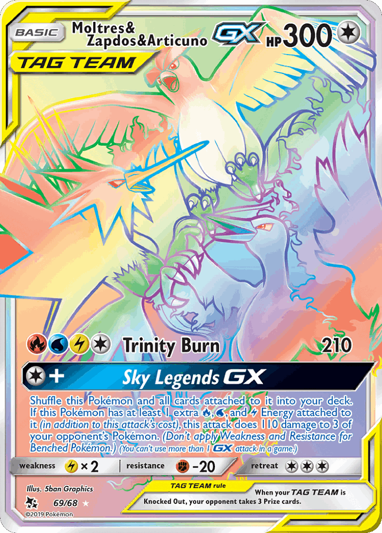 Moltres & Zapdos & Articuno-GX #69 from Hidden Fates - Rare Rainbow - Illustrated by 5ban Graphics