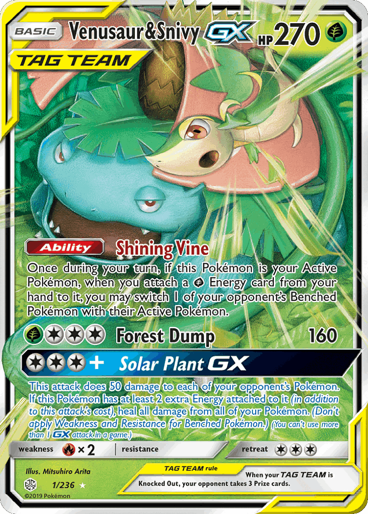 Venusaur & Snivy-GX #1 from Cosmic Eclipse - Rare Holo GX - Illustrated by Mitsuhiro Arita