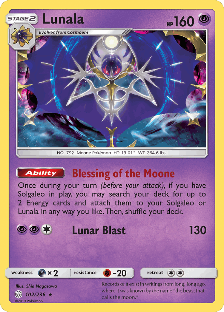 Lunala #102 from Cosmic Eclipse - Rare Holo - Illustrated by Shin Nagasawa