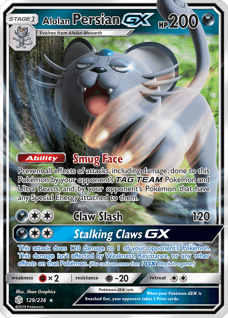 Alolan Persian-GX #129 from Cosmic Eclipse - Rare Holo GX - Illustrated by 5ban Graphics