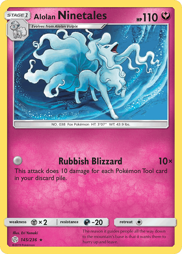 Alolan Ninetales #145 from Cosmic Eclipse - Rare Holo - Illustrated by Eri Yamaki