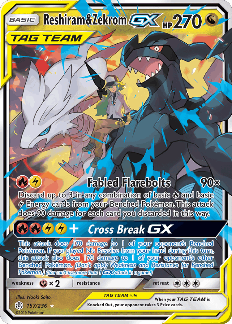 Reshiram & Zekrom-GX #157 from Cosmic Eclipse - Rare Holo GX - Illustrated by Naoki Saito