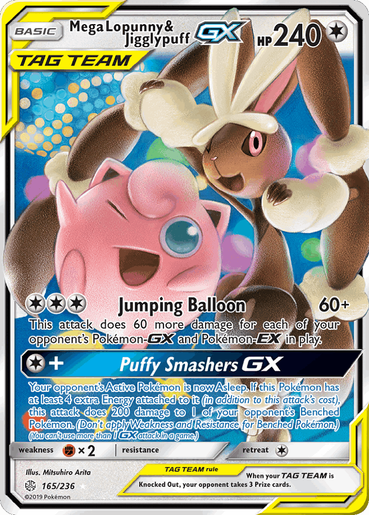 Mega Lopunny & Jigglypuff-GX #165 from Cosmic Eclipse - Rare Holo GX - Illustrated by Mitsuhiro Arita