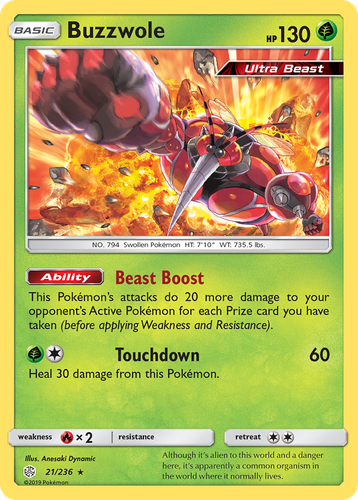 Buzzwole #21 from Cosmic Eclipse - Rare Holo - Illustrated by Anesaki Dynamic