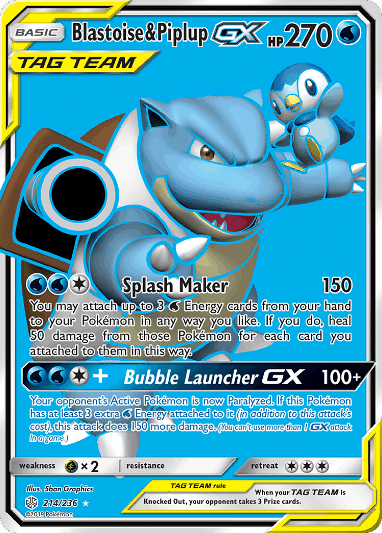 Blastoise & Piplup-GX #214 from Cosmic Eclipse - Rare Ultra - Illustrated by 5ban Graphics
