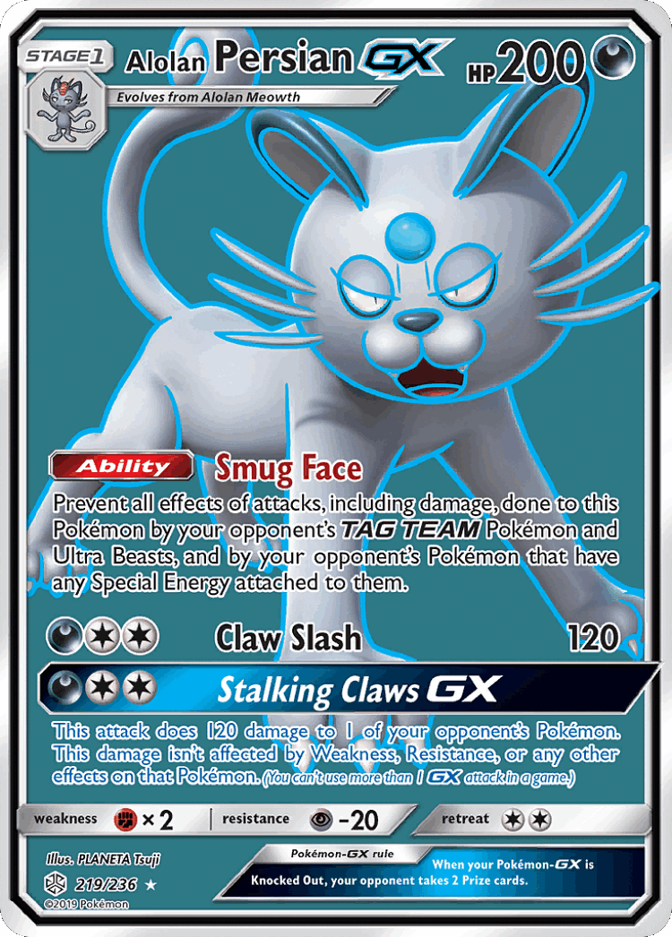 Alolan Persian-GX #219 from Cosmic Eclipse - Rare Ultra - Illustrated by PLANETA Tsuji