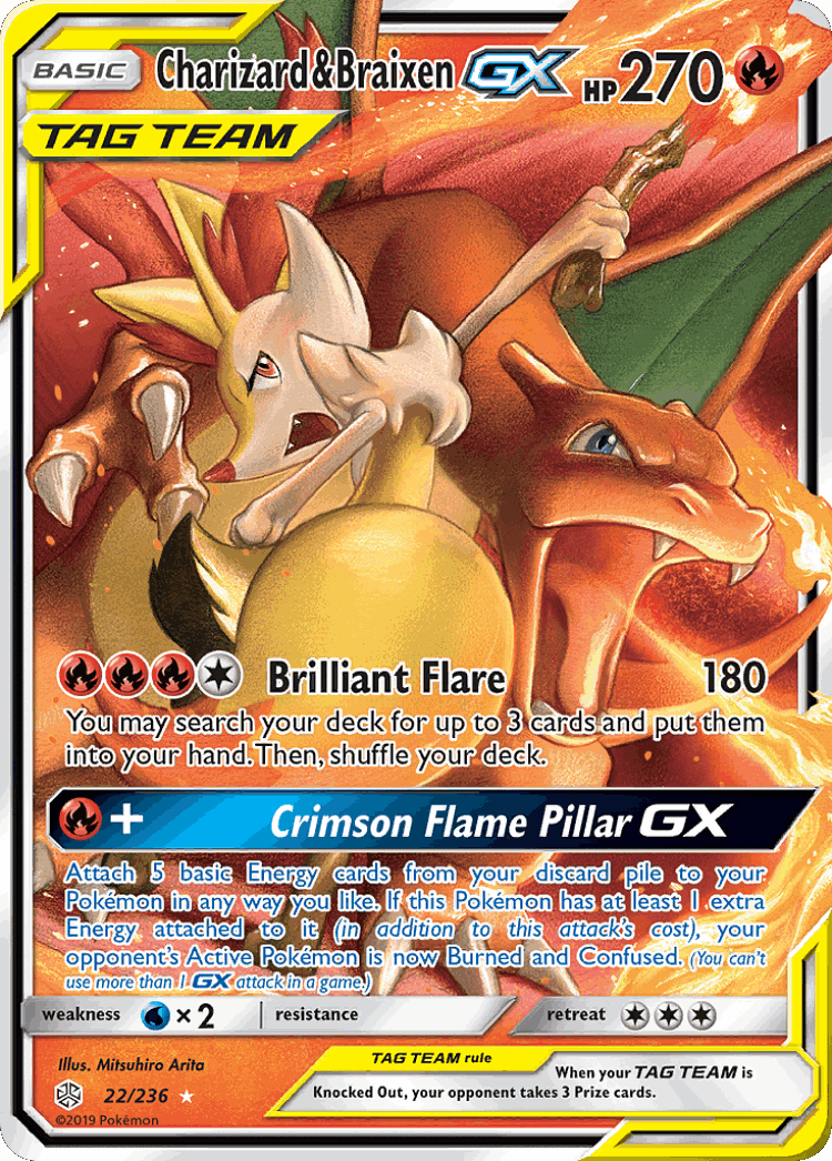 Charizard & Braixen-GX #22 from Cosmic Eclipse - Rare Holo GX - Illustrated by Mitsuhiro Arita