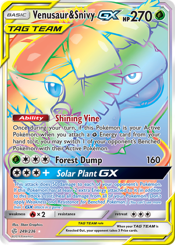 Venusaur & Snivy-GX #249 from Cosmic Eclipse - Rare Rainbow - Illustrated by 5ban Graphics