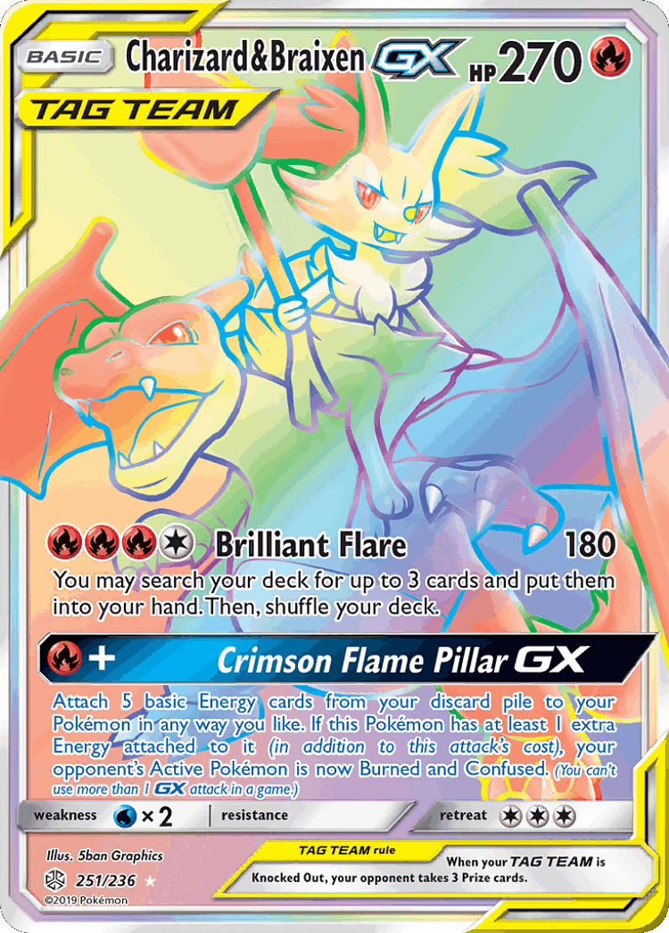Charizard & Braixen-GX #251 from Cosmic Eclipse - Rare Rainbow - Illustrated by 5ban Graphics