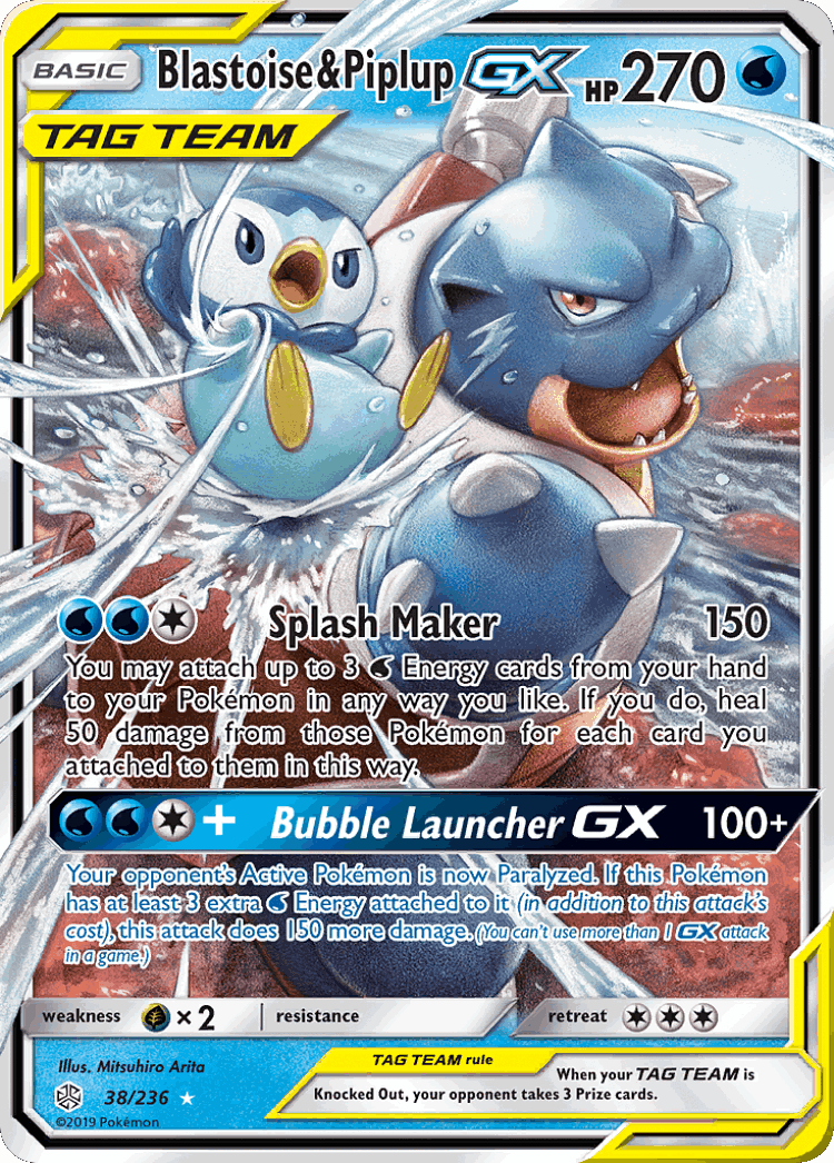 Blastoise & Piplup-GX #38 from Cosmic Eclipse - Rare Holo GX - Illustrated by Mitsuhiro Arita