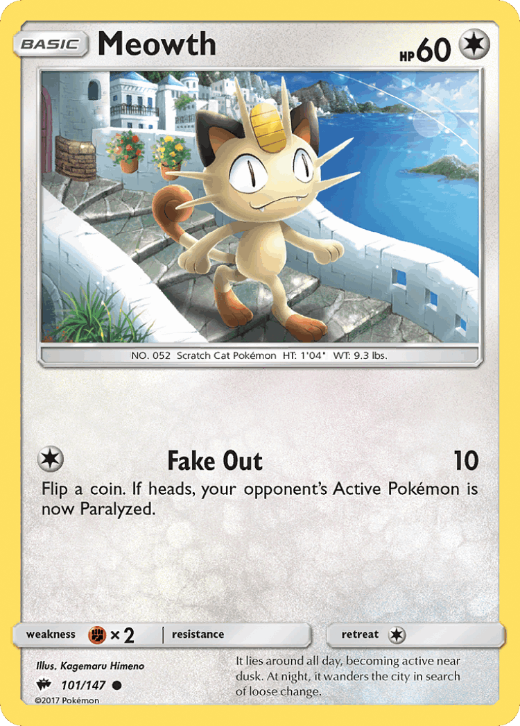 Meowth #101 from Burning Shadows - Common - Illustrated by Kagemaru Himeno