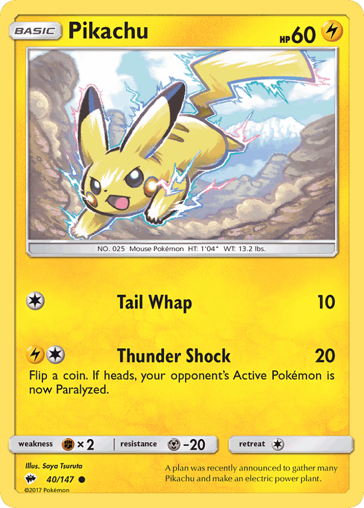Pikachu #40 from Burning Shadows - Common - Illustrated by Saya Tsuruta