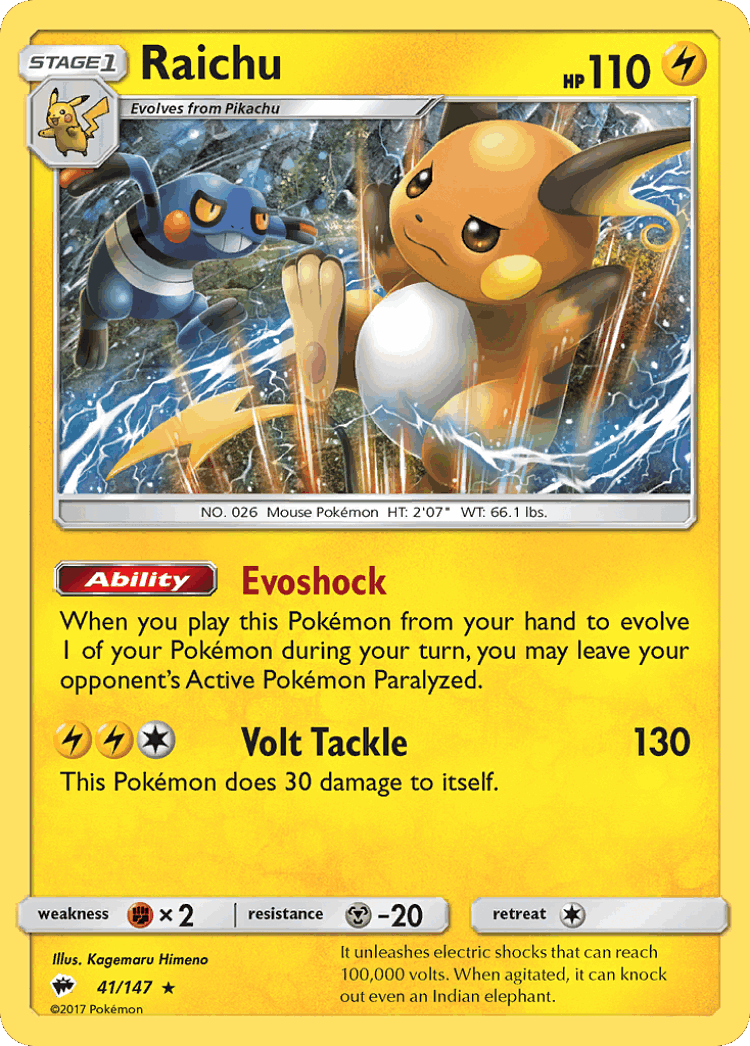 Raichu #41 from Burning Shadows - Rare Holo - Illustrated by Kagemaru Himeno