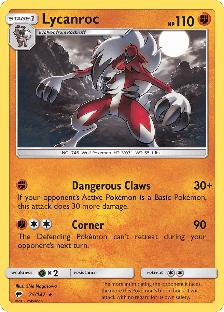 Lycanroc #75 from Burning Shadows - Rare Holo - Illustrated by Shin Nagasawa
