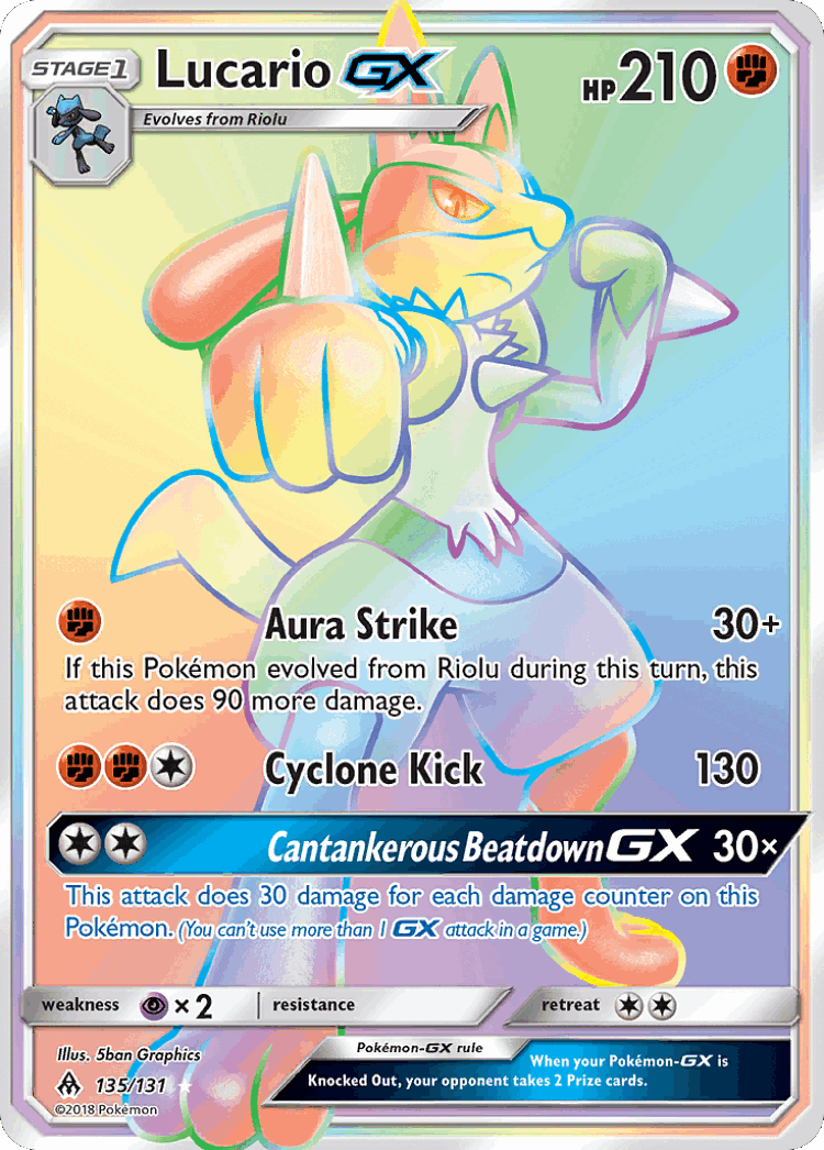 Lucario-GX #135 from Forbidden Light - Rare Rainbow - Illustrated by 5ban Graphics