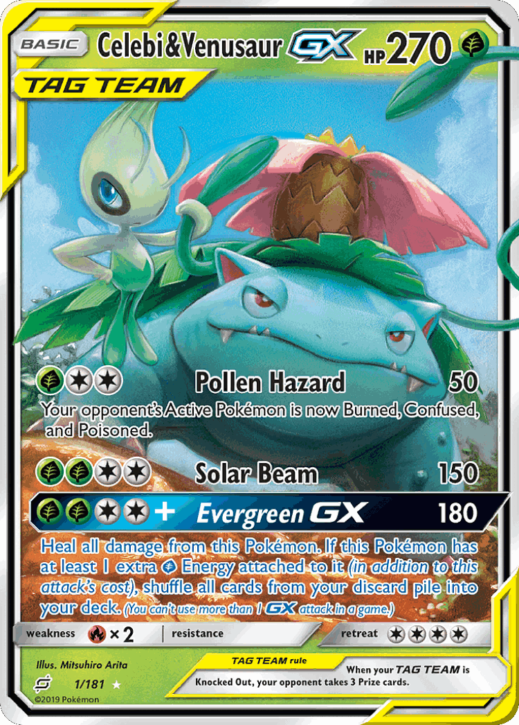 Celebi & Venusaur-GX #1 from Team Up - Rare Holo GX - Illustrated by Mitsuhiro Arita