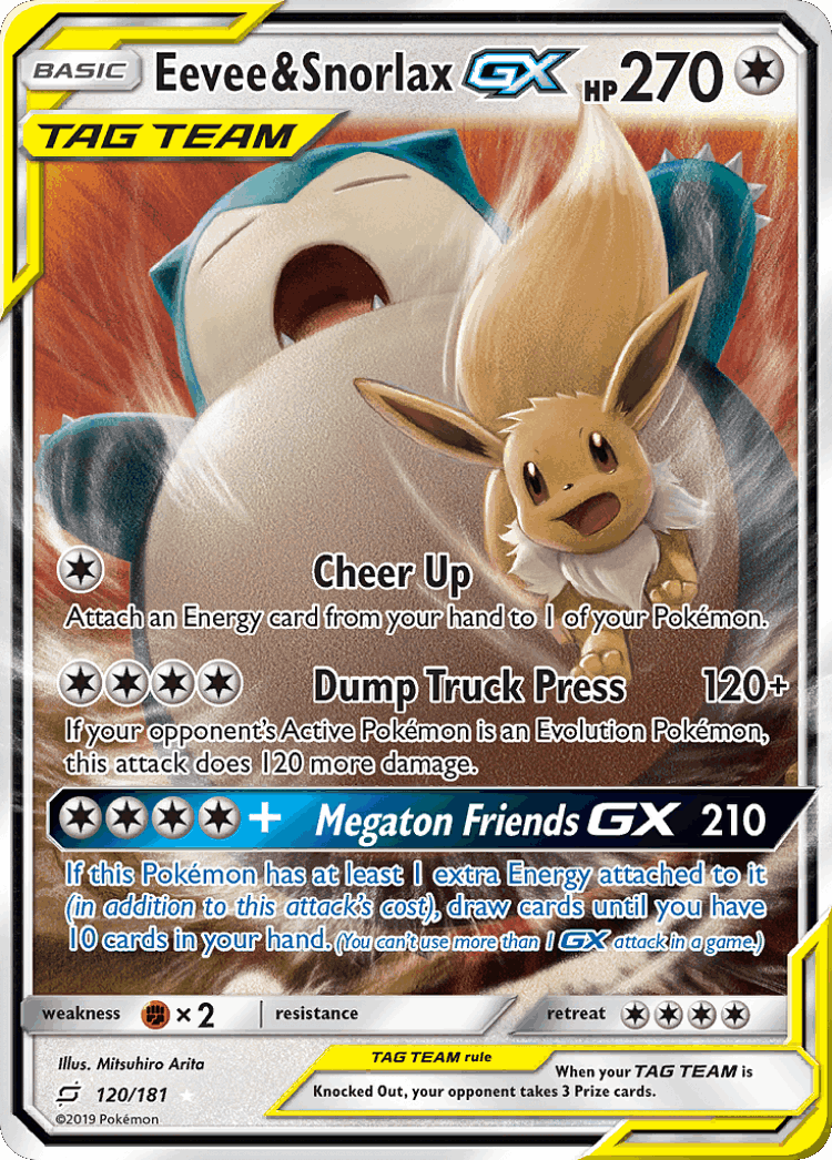 Eevee & Snorlax-GX #120 from Team Up - Rare Holo GX - Illustrated by Mitsuhiro Arita