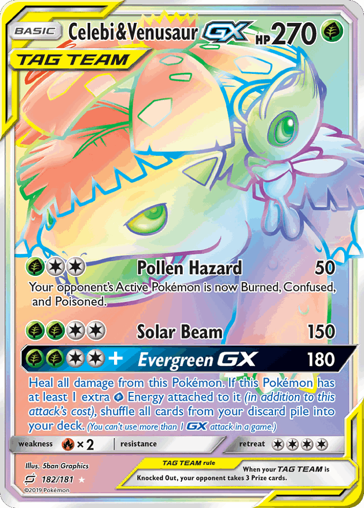 Celebi & Venusaur-GX #182 from Team Up - Rare Rainbow - Illustrated by 5ban Graphics
