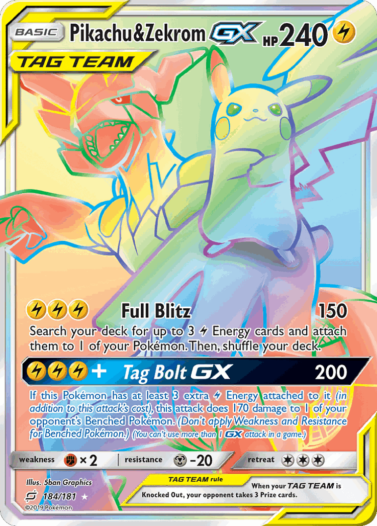 Pikachu & Zekrom-GX #184 from Team Up - Rare Rainbow - Illustrated by 5ban Graphics