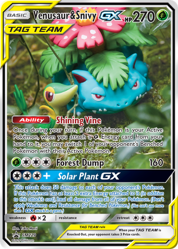 Venusaur & Snivy-GX #229 from SM Black Star Promos - Promo - Illustrated by Yuka Morii