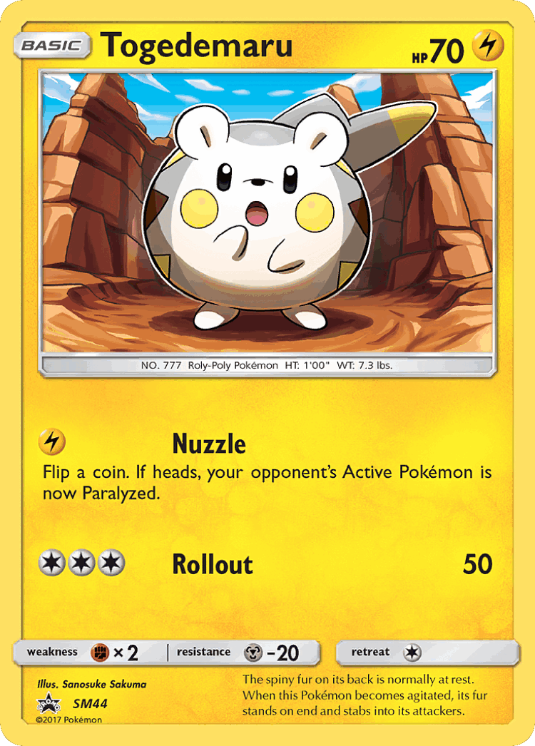 Togedemaru #44 from SM Black Star Promos - Promo - Illustrated by Sanosuke Sakuma