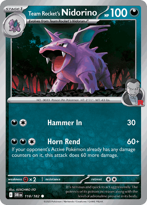 Team Rocket's Nidorino #118 from Destined Rivals - Common - Illustrated by KEIICHIRO ITO