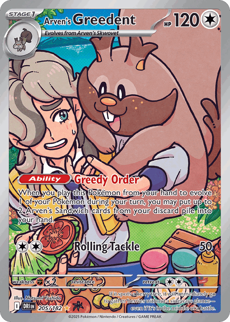 Arven's Greedent #205 from Destined Rivals - Illustration Rare - Illustrated by Natsumi Yoshida