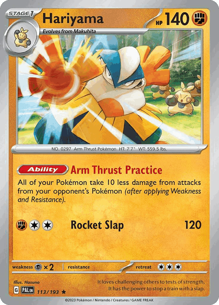 Hariyama #113 from Paldea Evolved - Rare - Illustrated by Hasuno