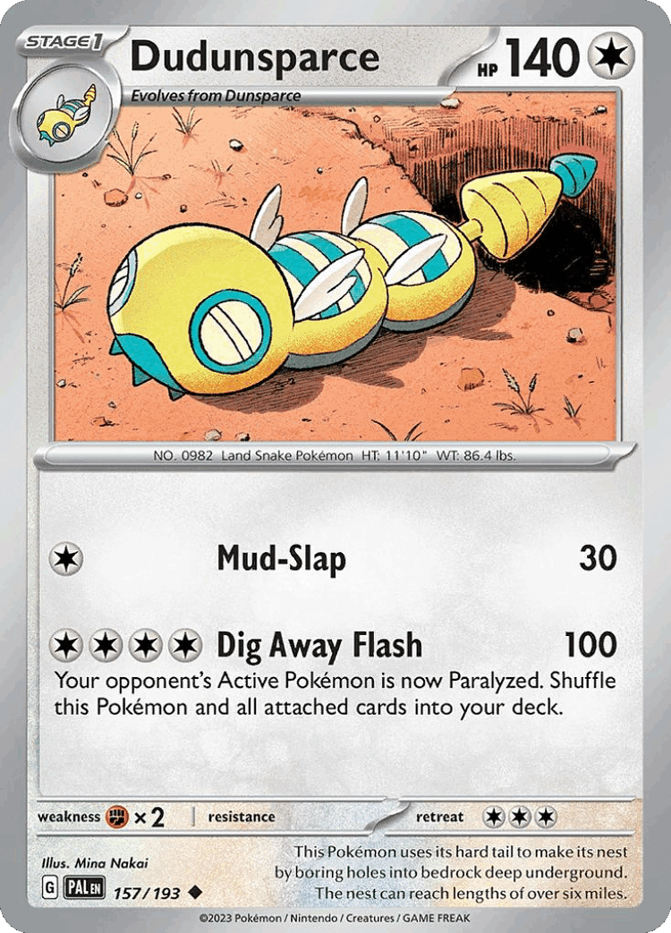 Dudunsparce #157 from Paldea Evolved - Uncommon - Illustrated by Mina Nakai