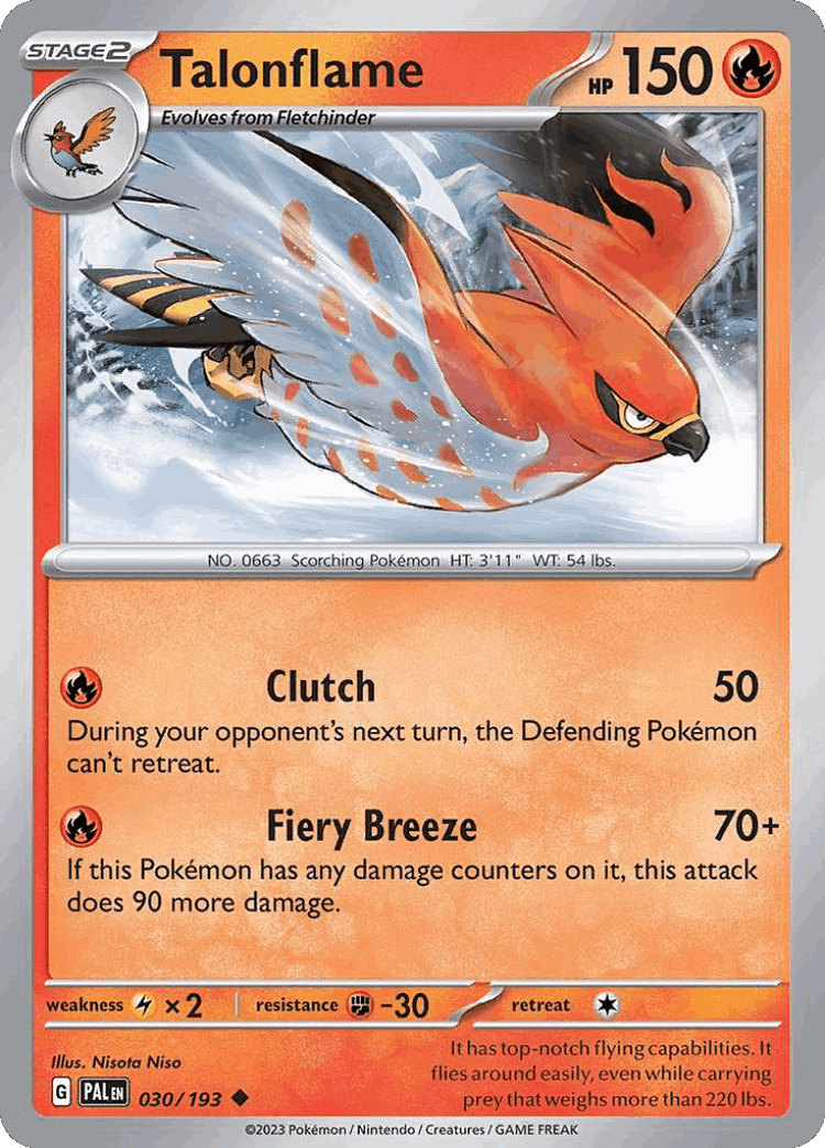 Talonflame #30 from Paldea Evolved - Uncommon - Illustrated by Nisota Niso