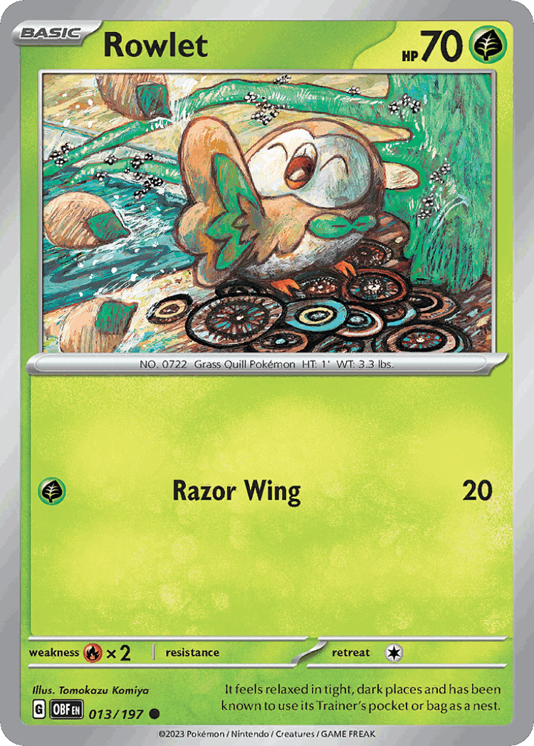 Rowlet #13 from Obsidian Flames - Common - Illustrated by Tomokazu Komiya