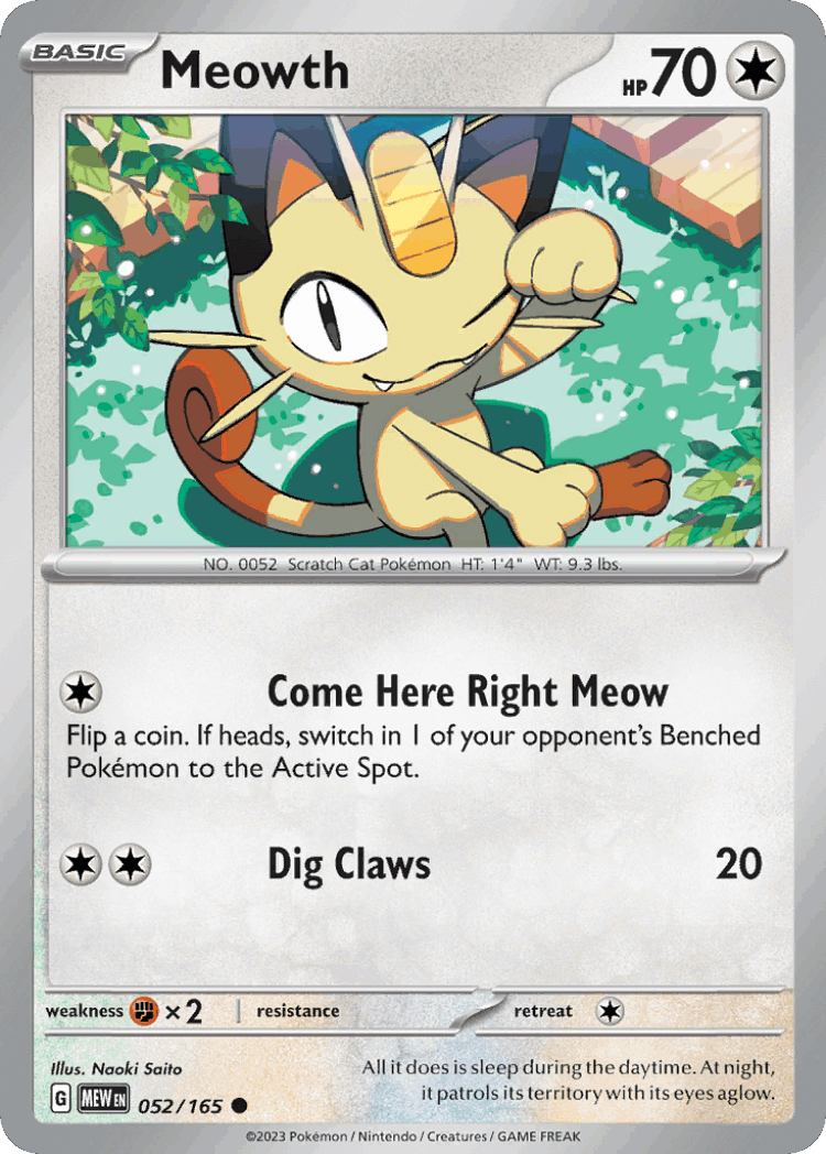 Meowth #52 from 151 - Common - Illustrated by Naoki Saito