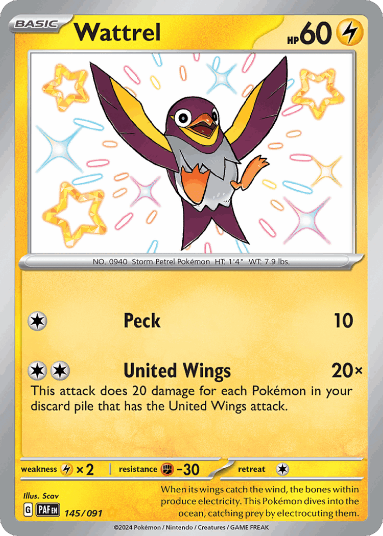 Wattrel #145 from Paldean Fates - Shiny Rare - Illustrated by Scav