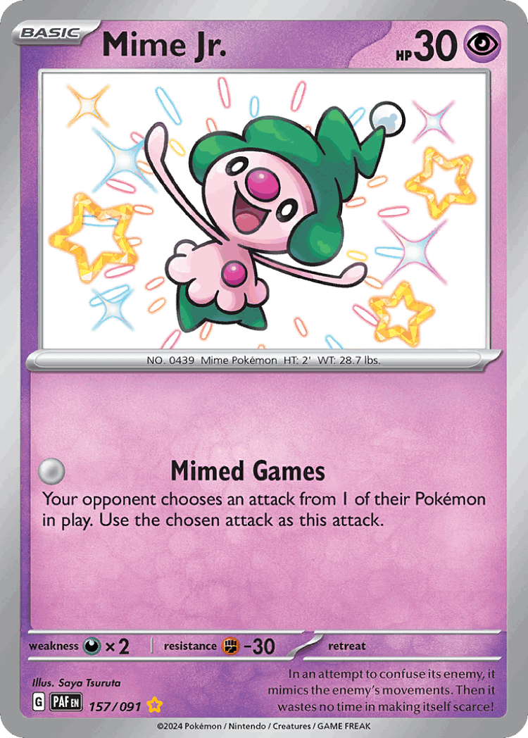 Mime Jr. #157 from Paldean Fates - Shiny Rare - Illustrated by Saya Tsuruta