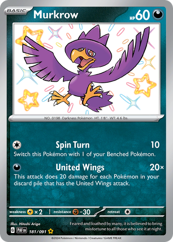 Murkrow #181 from Paldean Fates - Shiny Rare - Illustrated by Hitoshi Ariga