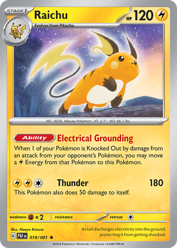Raichu #19 from Paldean Fates - Rare - Illustrated by Naoyo Kimura