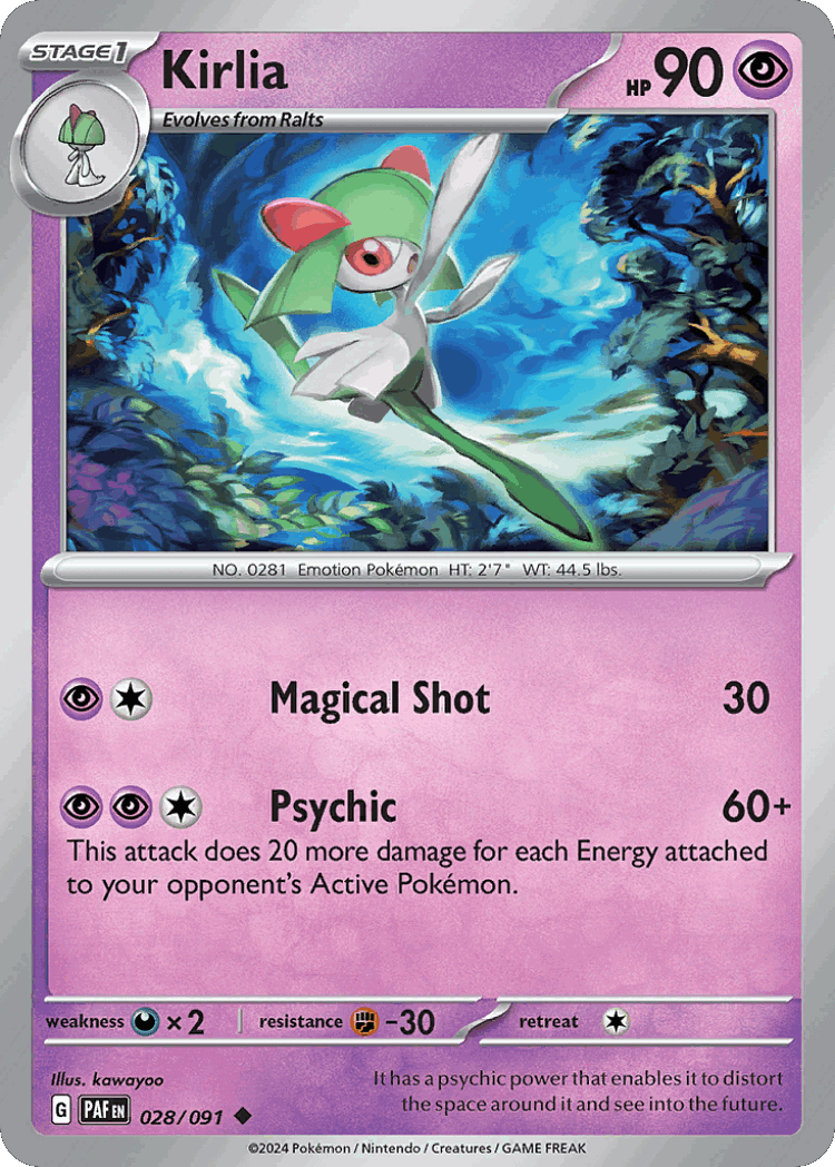 Kirlia #28 from Paldean Fates - Uncommon - Illustrated by kawayoo
