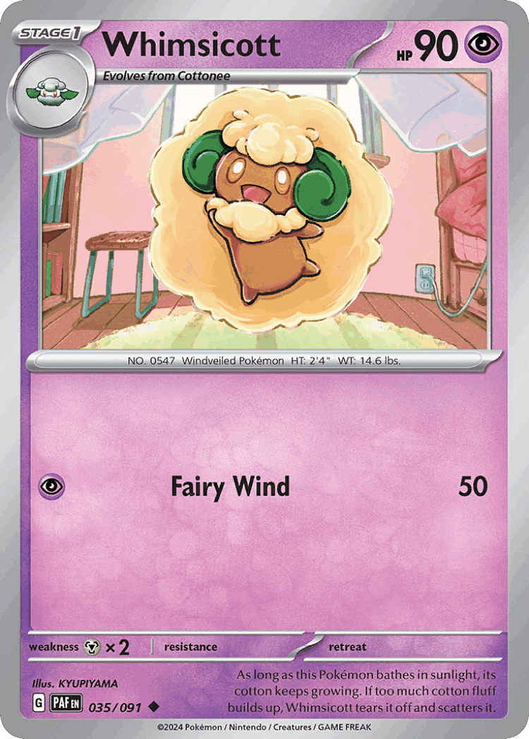 Whimsicott #35 from Paldean Fates - Uncommon - Illustrated by KYUPIYAMA
