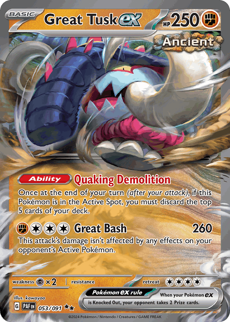 Great Tusk ex #53 from Paldean Fates - Double Rare - Illustrated by kawayoo