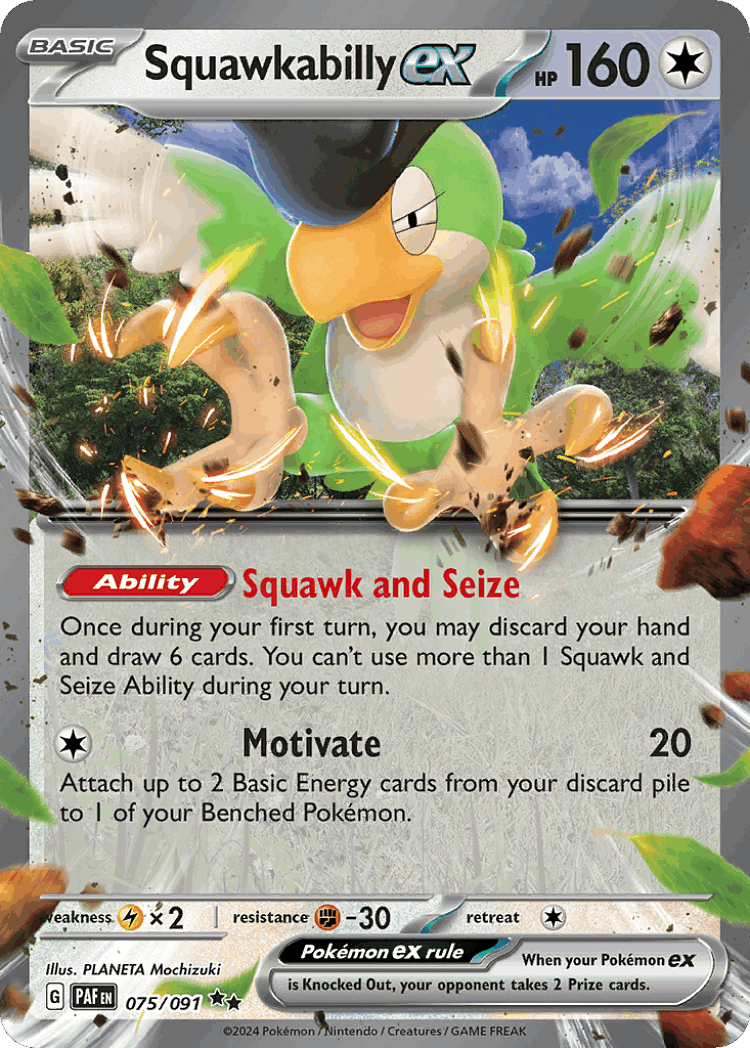 Squawkabilly ex #75 from Paldean Fates - Double Rare - Illustrated by PLANETA Mochizuki